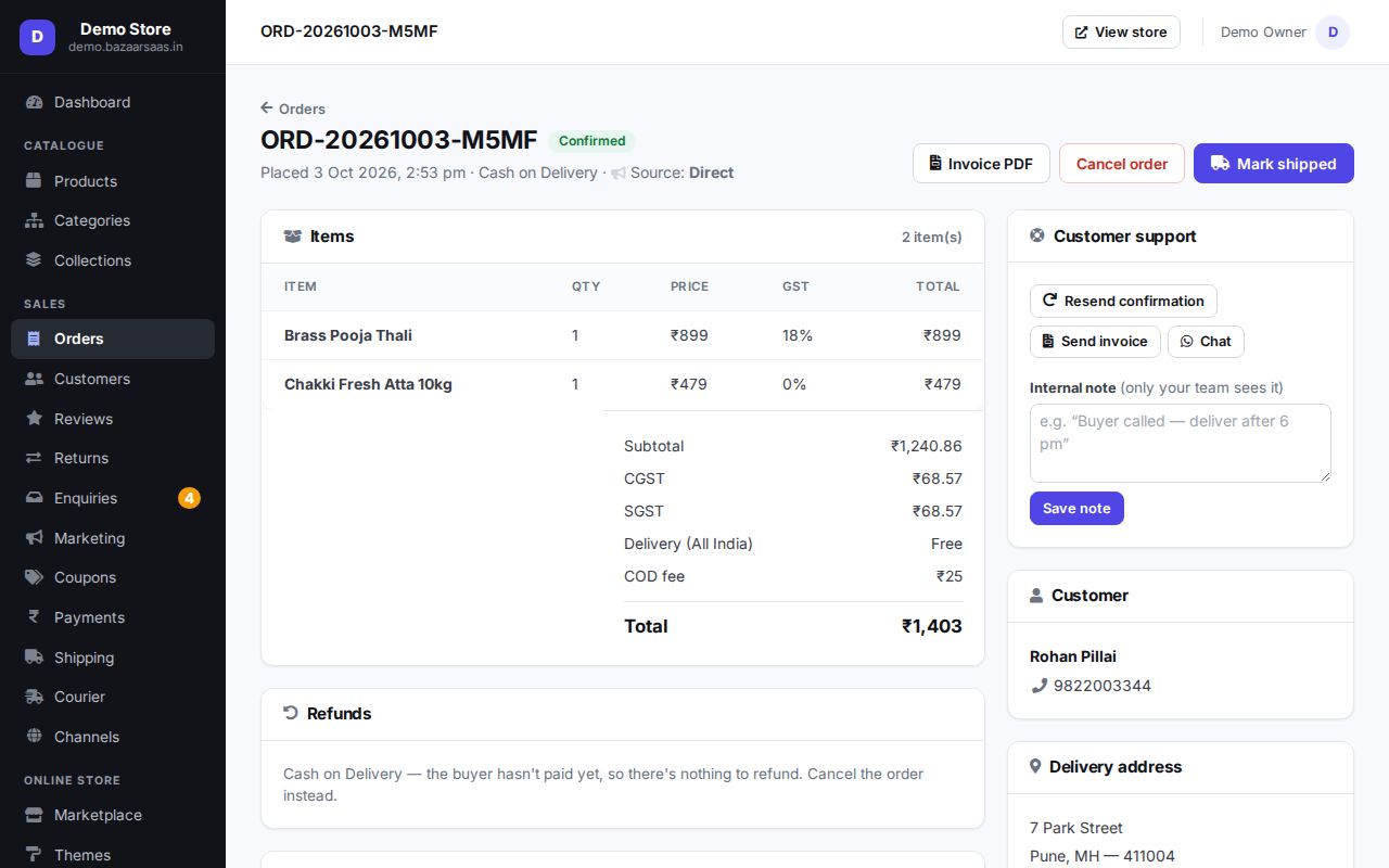 An order: items, GST, totals and actions
